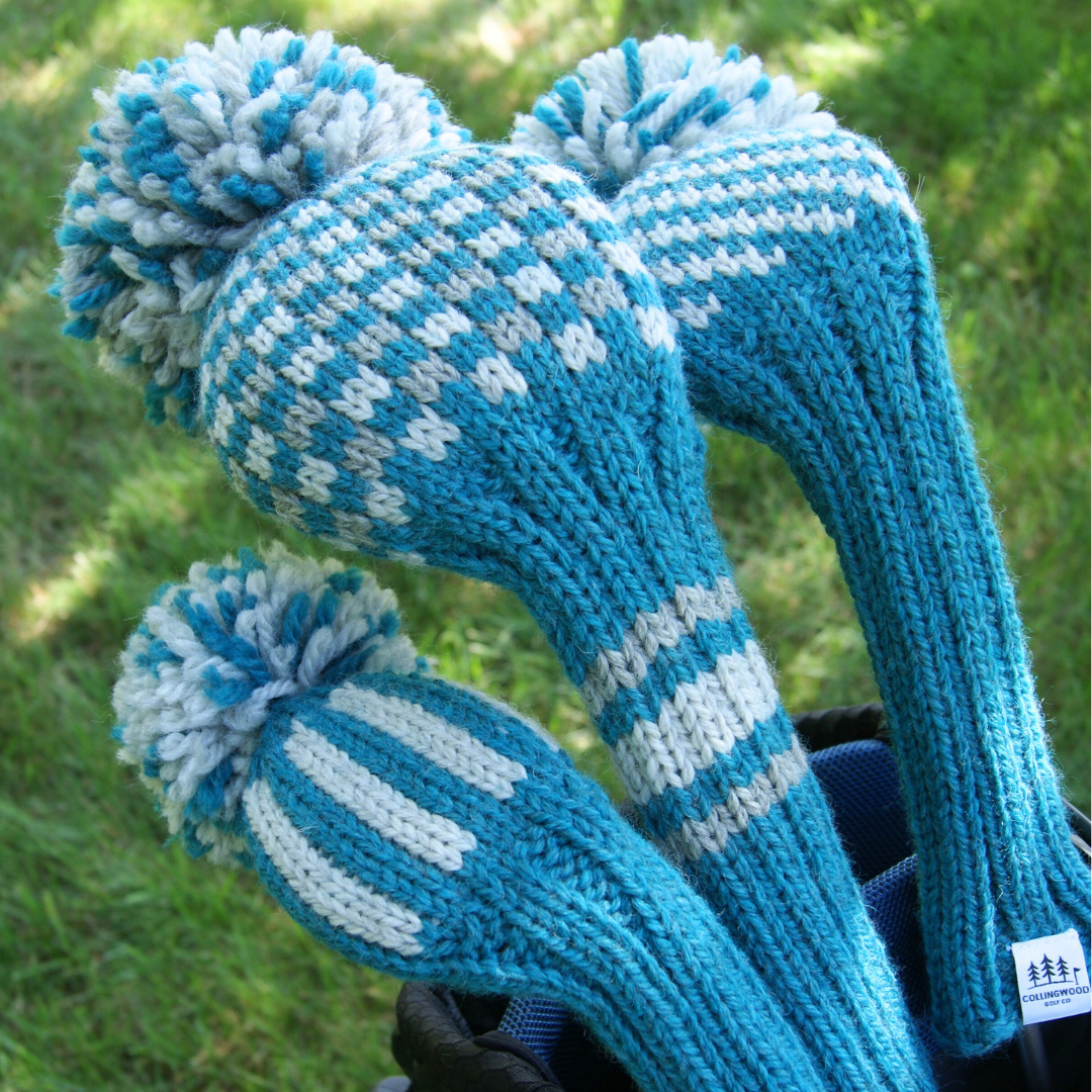 Teal and grey knit headcover set