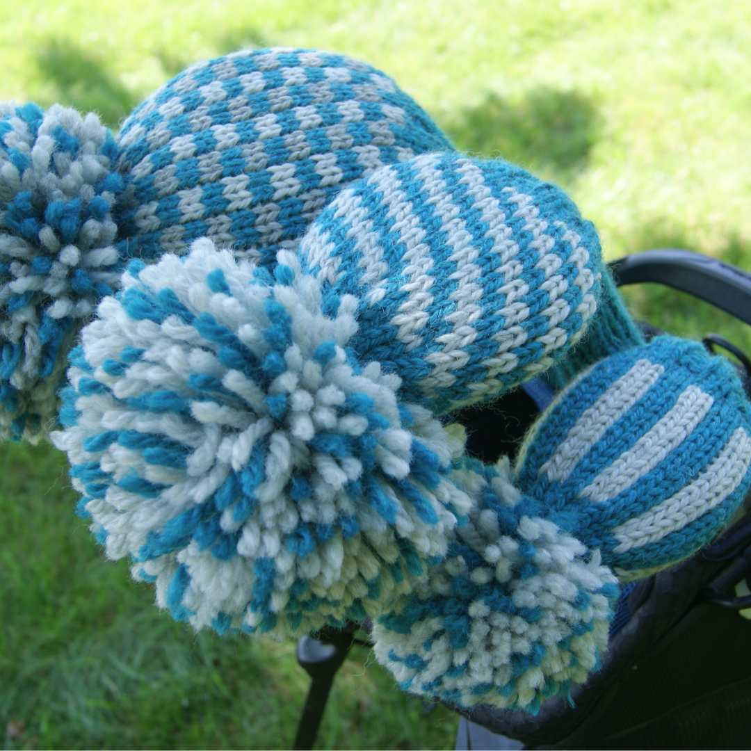 Teal and grey knit headcover set
