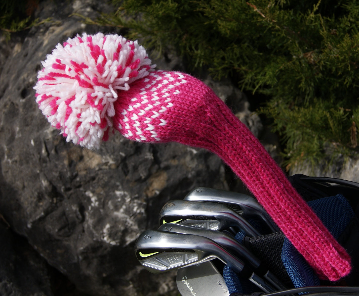 Knit Golf Club Cover - Pink with White Chevrons - Fairway Wood