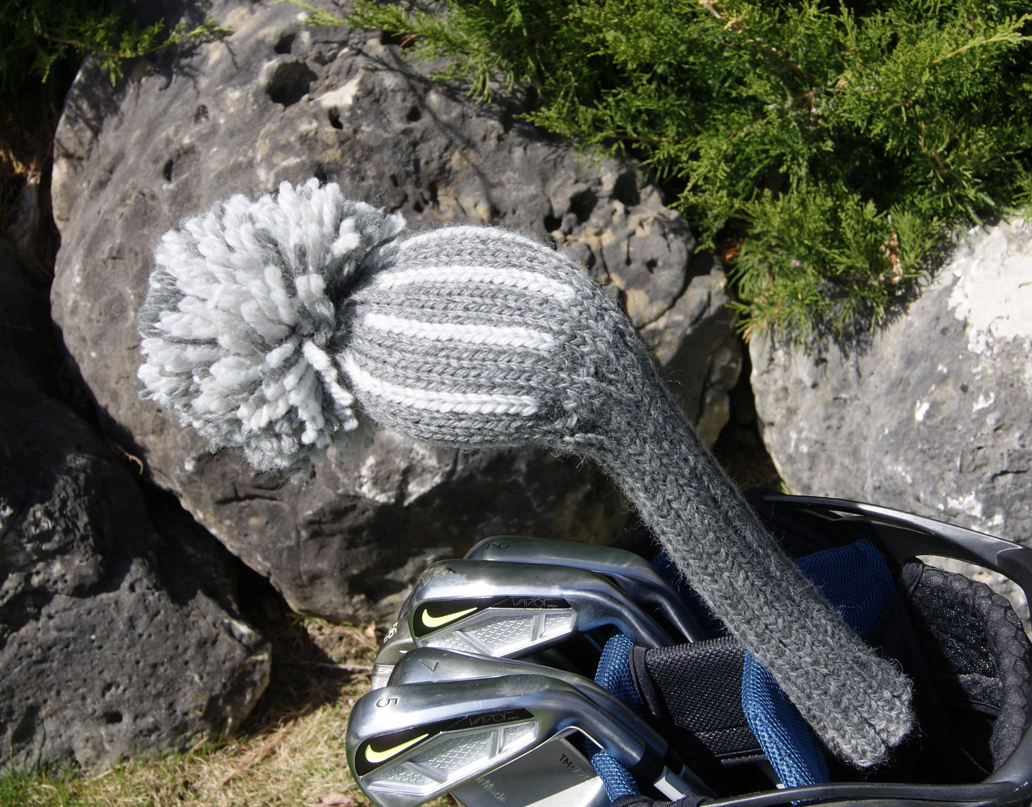 Vertical Stripes Knit Fairway Wood Headcover (Dark Grey/Grey)