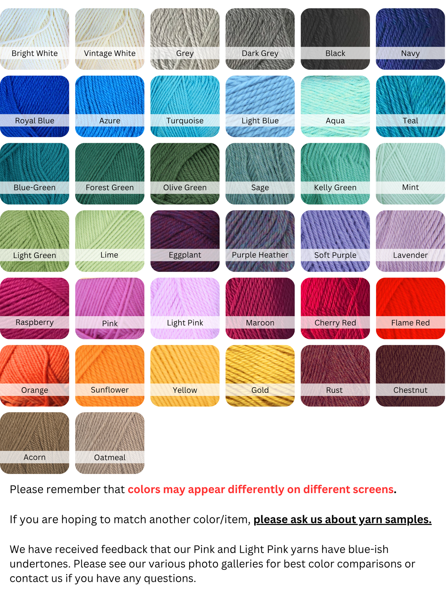 Color swatch chart of yarn colors with text at the bottom.