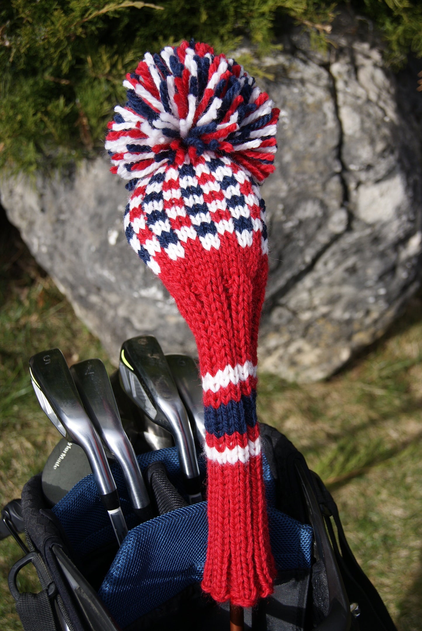 Checkered Knit Fairway Wood Headcover (Red/White/Navy)