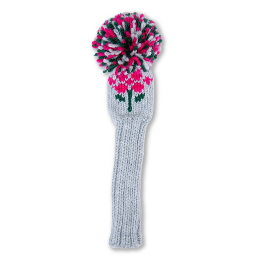 Knit Golf Club Cover - Grey with Pink Flower - Fairway Wood