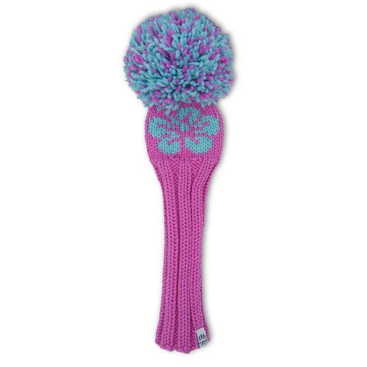 Knit Golf Club Cover - Pink with Aqua Hibiscus Flower Motif - Fairway Wood